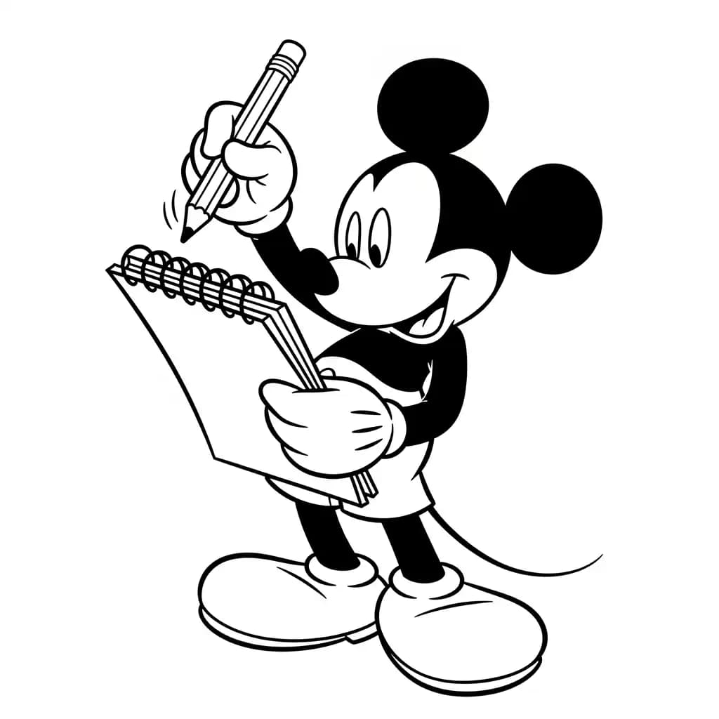 Mickey Mouse desenhando em um caderno em desenho para colorir