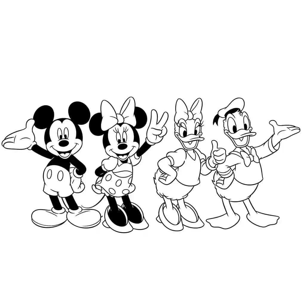 Mickey Mouse e amigos alinhados em desenho para colorir